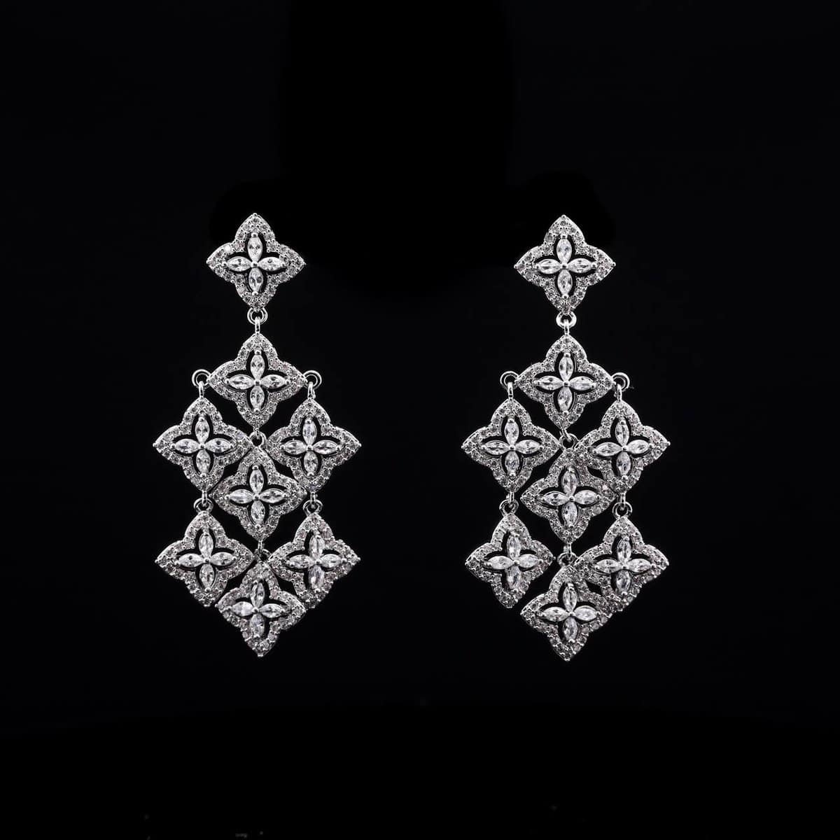 Omnia Lila Diamond-Shape Long Drop Earrings with High-Quality Zircon Stones in Rhodium Plated - OMNIASTORES UAE