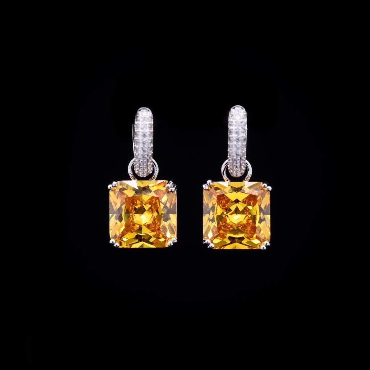 Omnia Helen Cushion Cut Drop Earrings with Yellow Zircon in High Quality Rhodium Plated - OMNIASTORES UAE