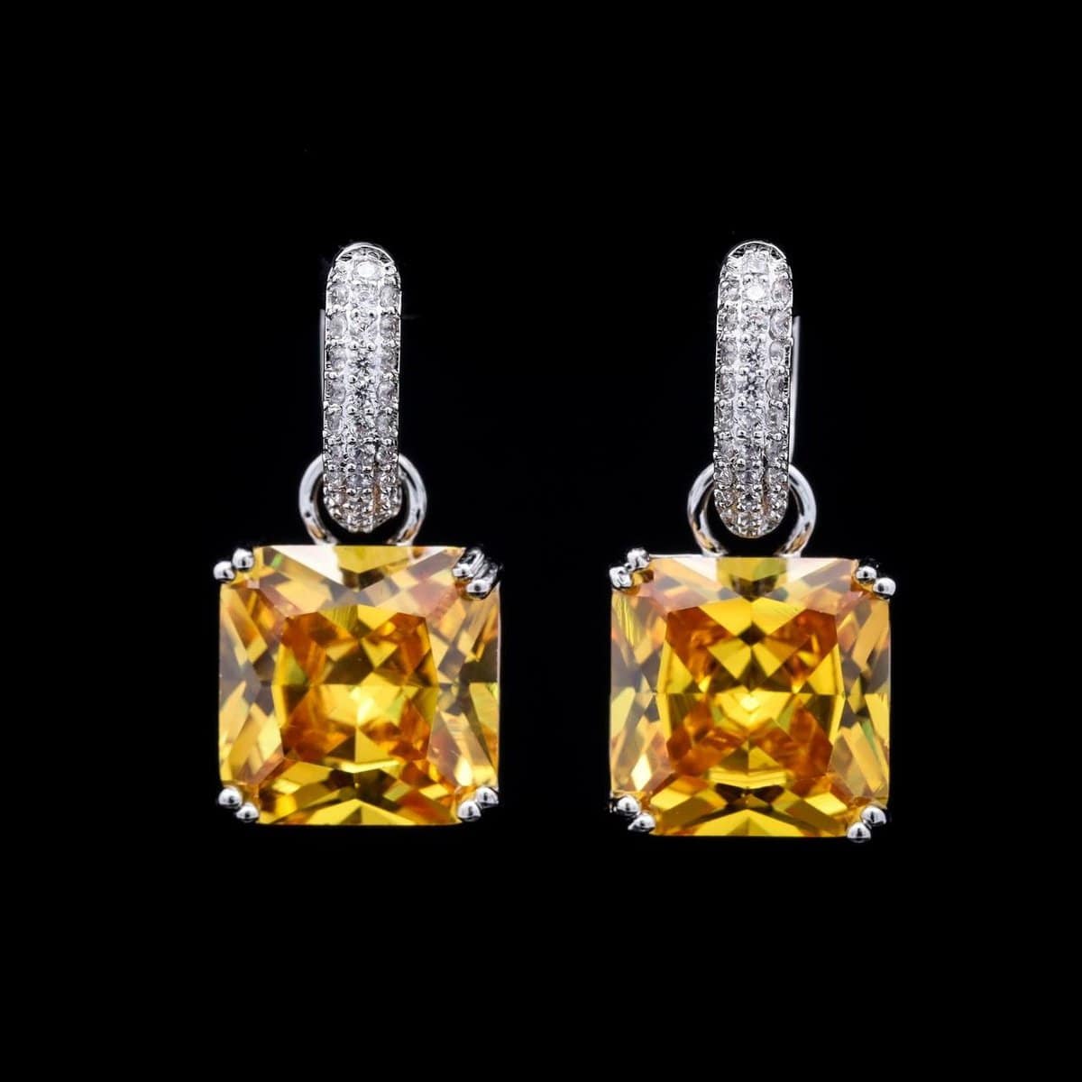 Omnia Helen Cushion Cut Drop Earrings with Yellow Zircon in High Quality Rhodium Plated - OMNIASTORES UAE