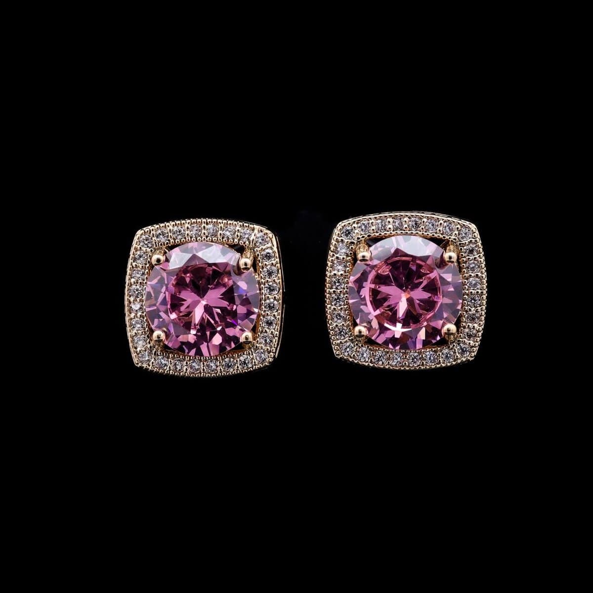 Omnia Pink Golden Halo Stud Earrings in High-Quality Zircon Stone in Rhodium Plated - OMNIASTORES UAE