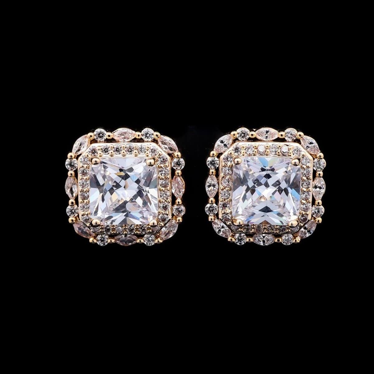 Omnia Natalie Gold Cushion Stud Earrings in High-Quality Zircon Stone in Rhodium Plated - OMNIASTORES UAE