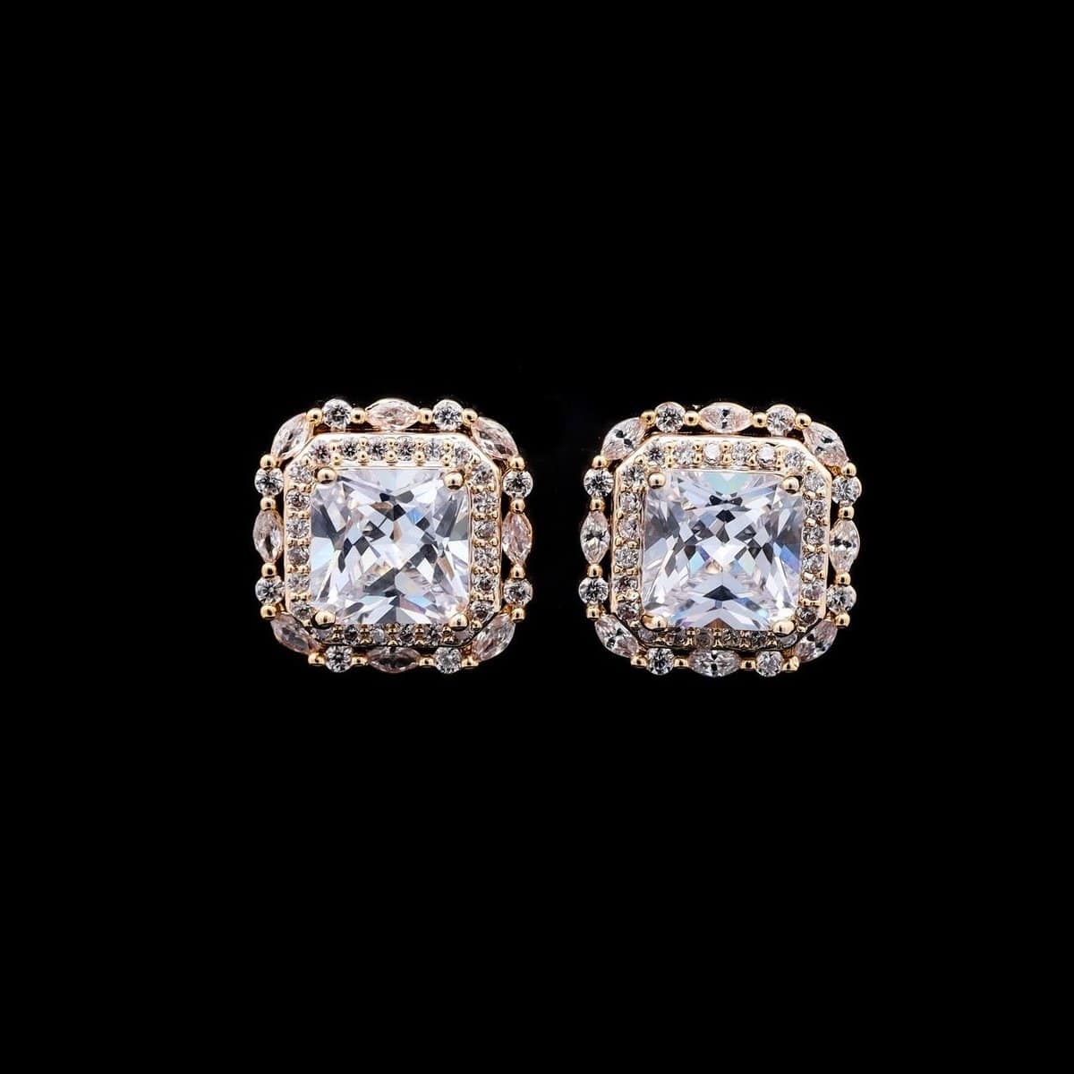 Omnia Natalie Gold Cushion Stud Earrings in High-Quality Zircon Stone in Rhodium Plated - OMNIASTORES UAE
