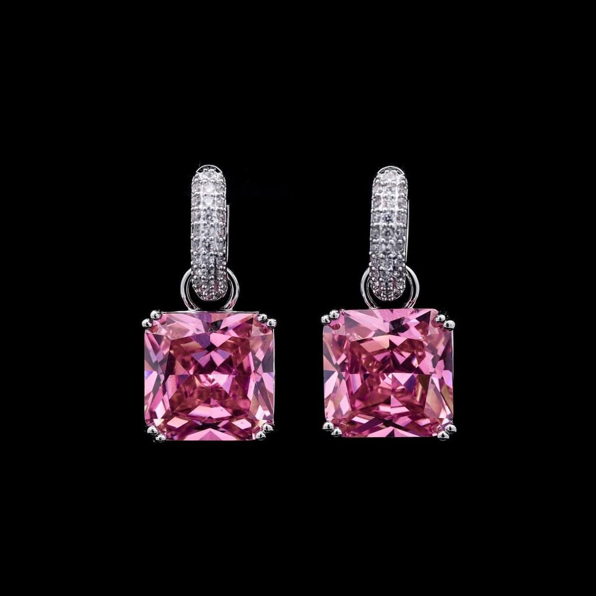 Omnia Helen Cushion Cut Drop Earrings with Pink Zircon in High Quality Rhodium Plated - OMNIASTORES UAE