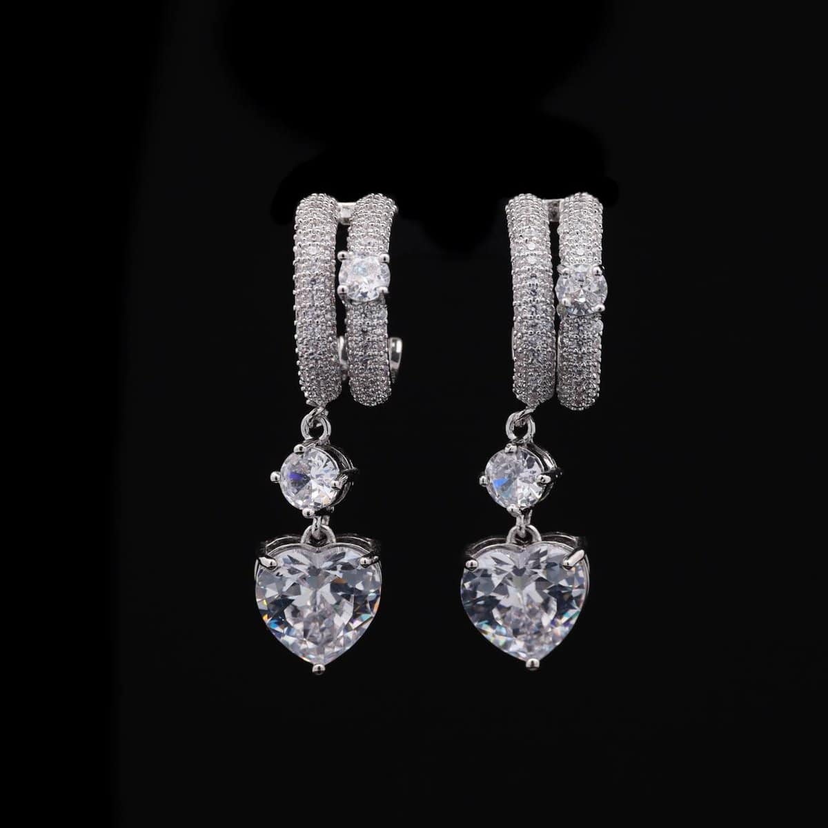 Omnia White Heart Drop Earrings in High-Quality White Zircon Stone with Double Hoop Design in Rhodium Plated - OMNIASTORES UAE