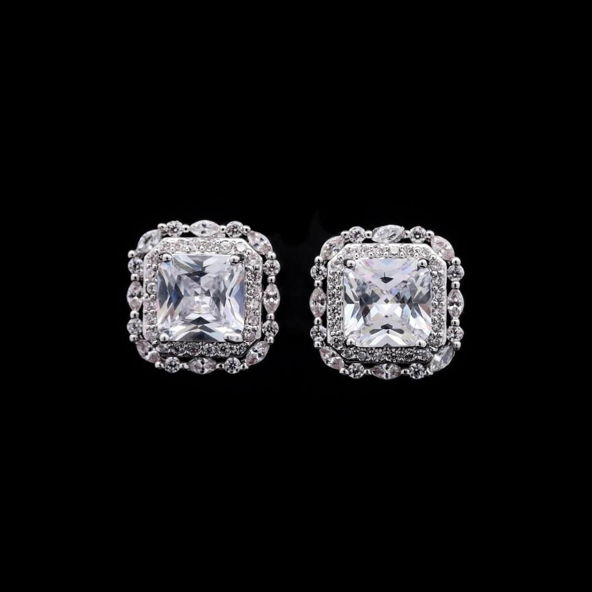 Omnia Natalie White Cushion Stud Earrings in High-Quality Zircon Stone in Rhodium Plated - OMNIASTORES UAE