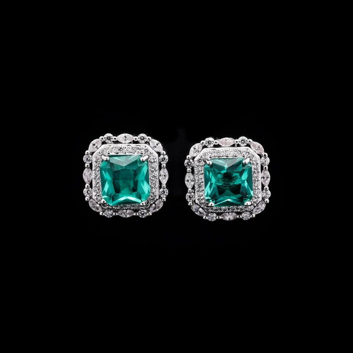 Omnia Natalie Emerald Cushion Stud Earrings in High-Quality Zircon Stone in Rhodium Plated - OMNIASTORES UAE