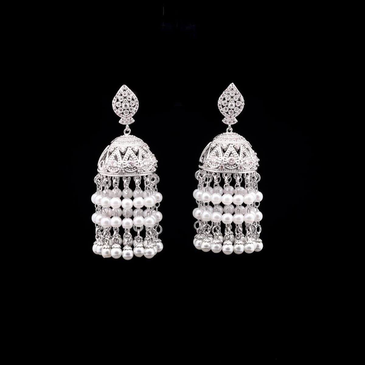 Omnia Pearl Tassel Earrings in High-Quality Zircon Stone and Rhodium Plated - OMNIASTORES UAE