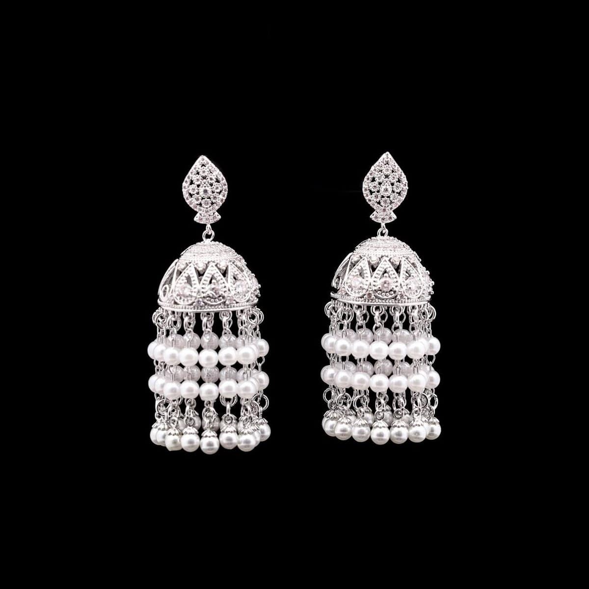 Omnia Pearl Tassel Earrings in High-Quality Zircon Stone and Rhodium Plated - OMNIASTORES UAE