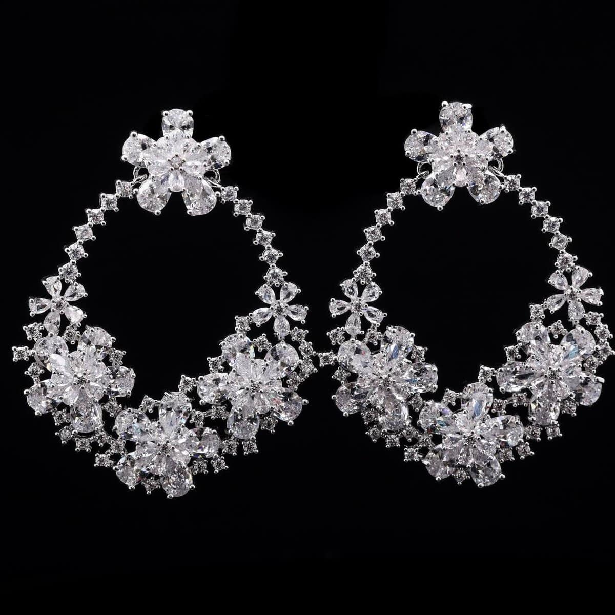 Omnia Elegant Floral Hoop Earrings in High-Quality Zircon Stone and Rhodium Plated - OMNIASTORES UAE