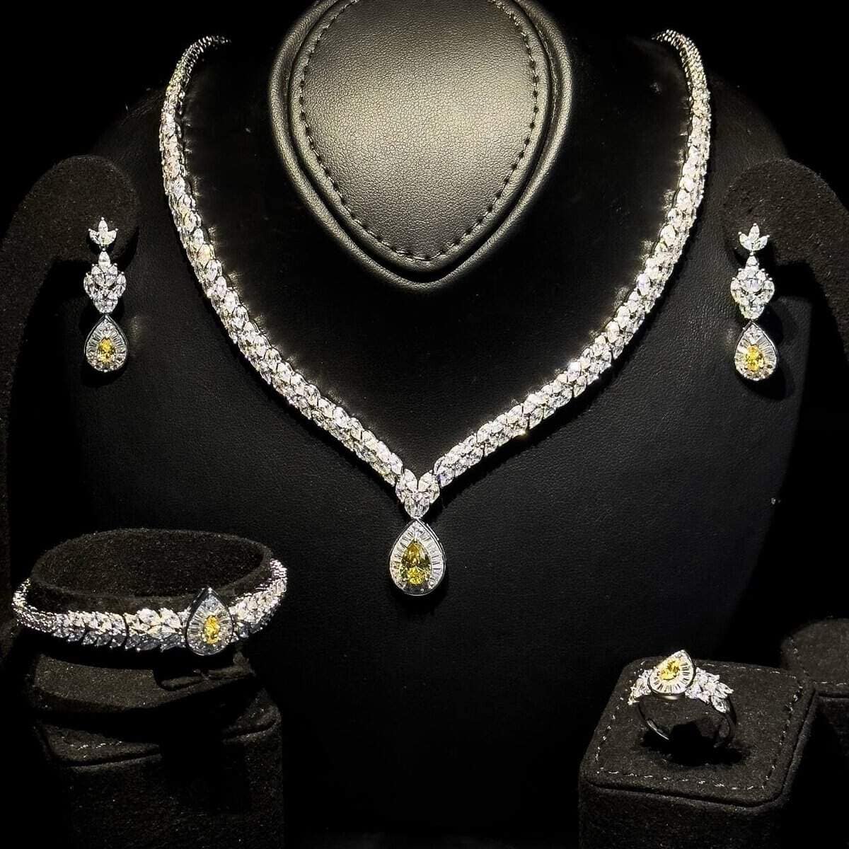 Omnia Amira Teardrop-Design Bridal Yellow Full Set with High-Quality Zircon Stones in Rhodium-Plated Finish - OMNIASTORES UAE