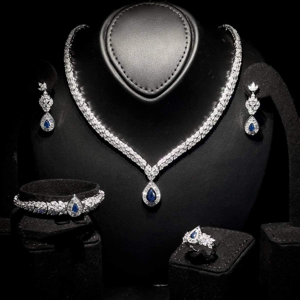 Omnia Aamira Teardrop-Design Bridal Navy Blue Full Set with High-Quality Zircon Stones in Rhodium-Plated Finish - OMNIASTORES UAE