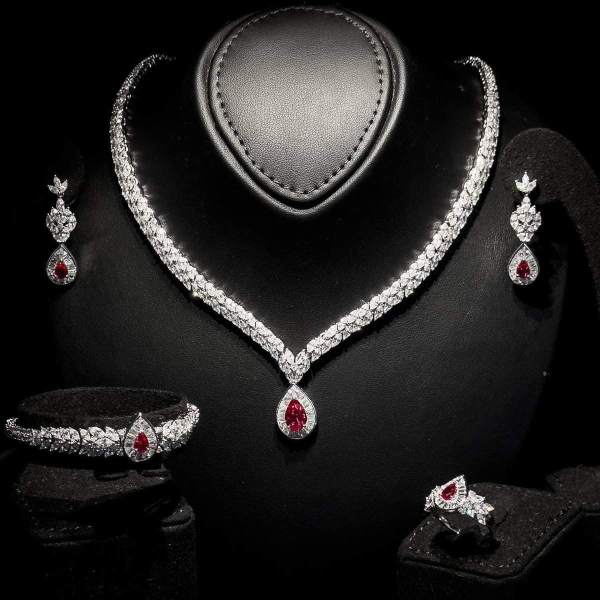 Omnia Aamira Teardrop-Design Bridal Maroon Full Set with High-Quality Zircon Stones in Rhodium-Plated Finish - OMNIASTORES UAE