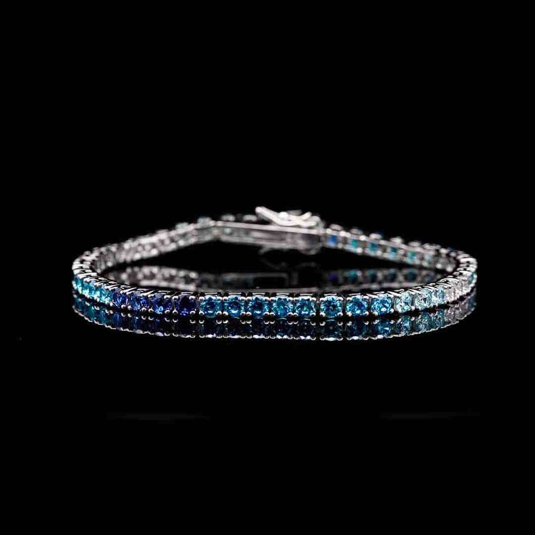 Omnia Tasneem Blue 3mm Tennis Bracelet in 92.5 Silver High Quality Simulated diamonds