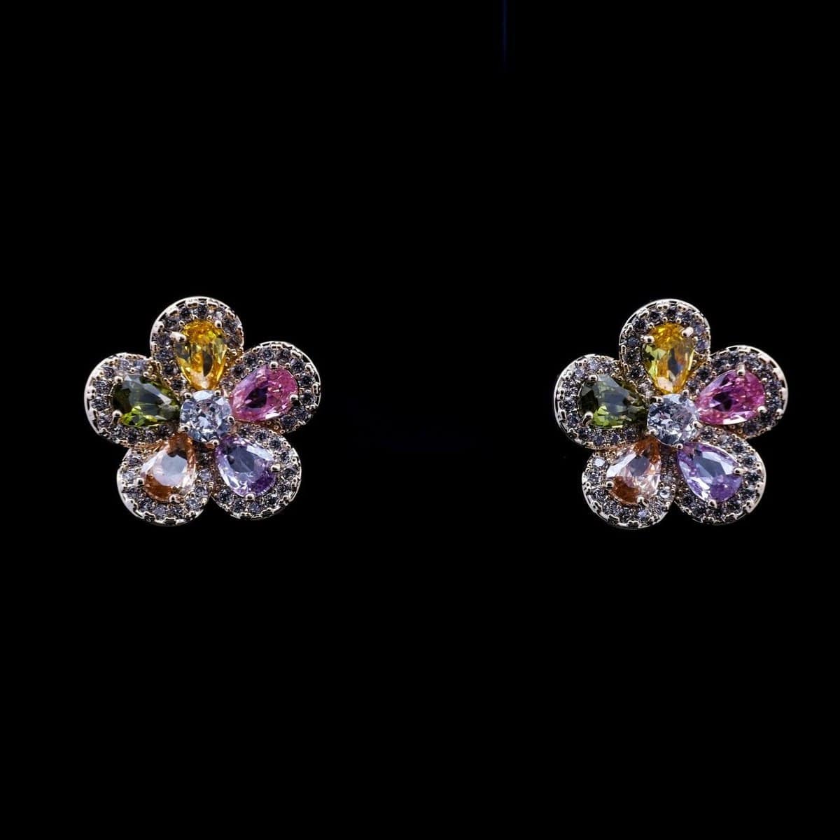 Omnia Tala Multi-Colored Floral Stud Earrings with High-Quality Zircon Stones in Rhodium-Plated Finish - OMNIASTORES UAE