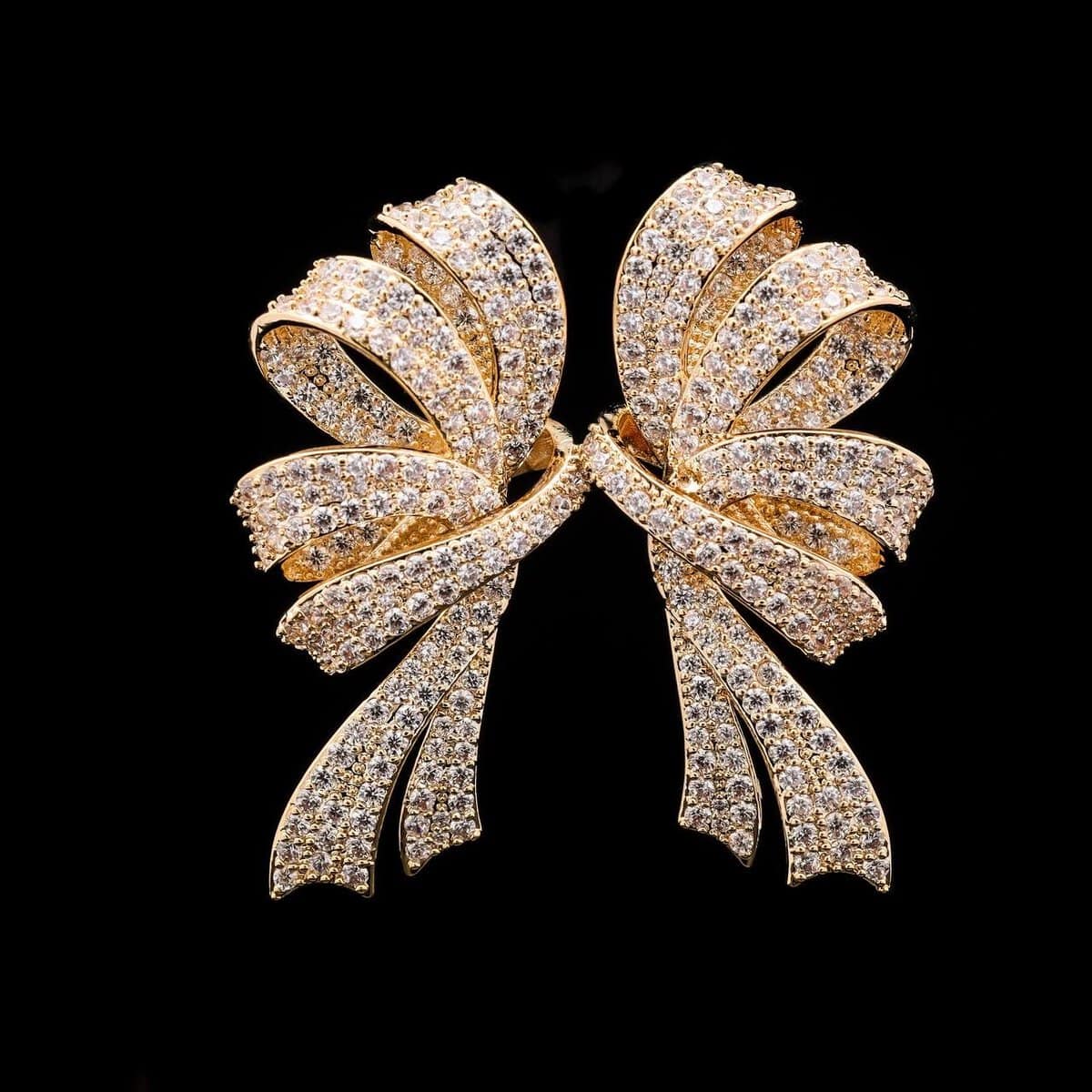 Omnia Lamia Golden Ribbon Statement Earrings with High-Quality Zircon Stones in Rhodium-Plated Finish - OMNIASTORES UAE