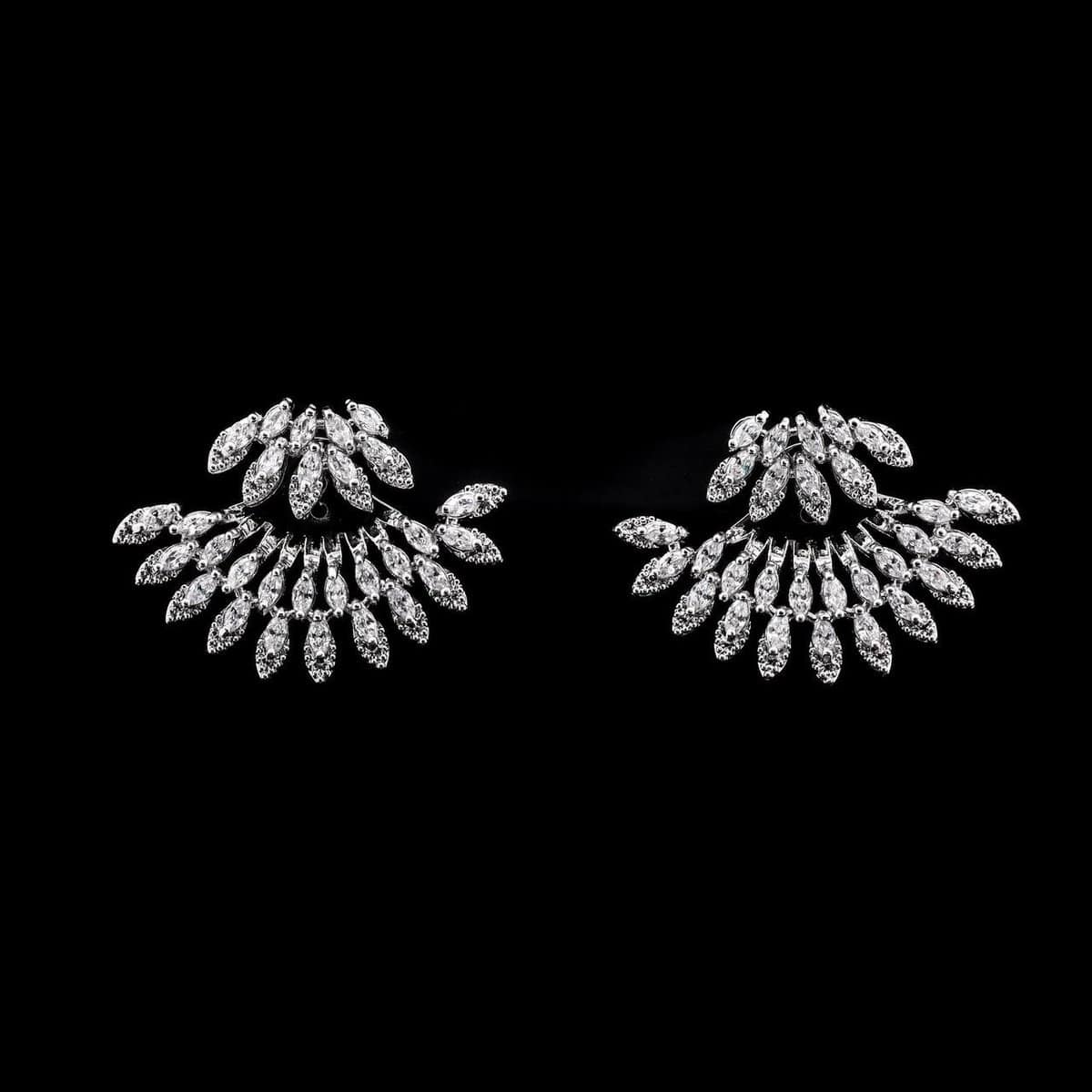 Omnia Yarah White Radiant Fan-Design Earrings with High-Quality Zircon Stones in Rhodium-Plated Finish - OMNIASTORES UAE