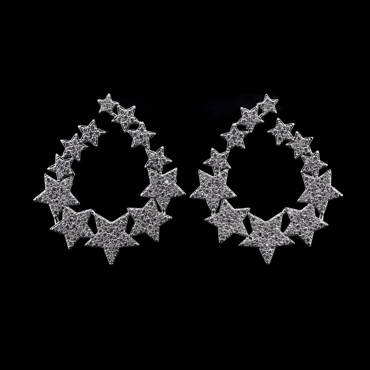 Omnia Najwan Star-Cluster Hoop Earrings with High-Quality Zircon Stones in Rhodium-Plated Finish - OMNIASTORES UAE