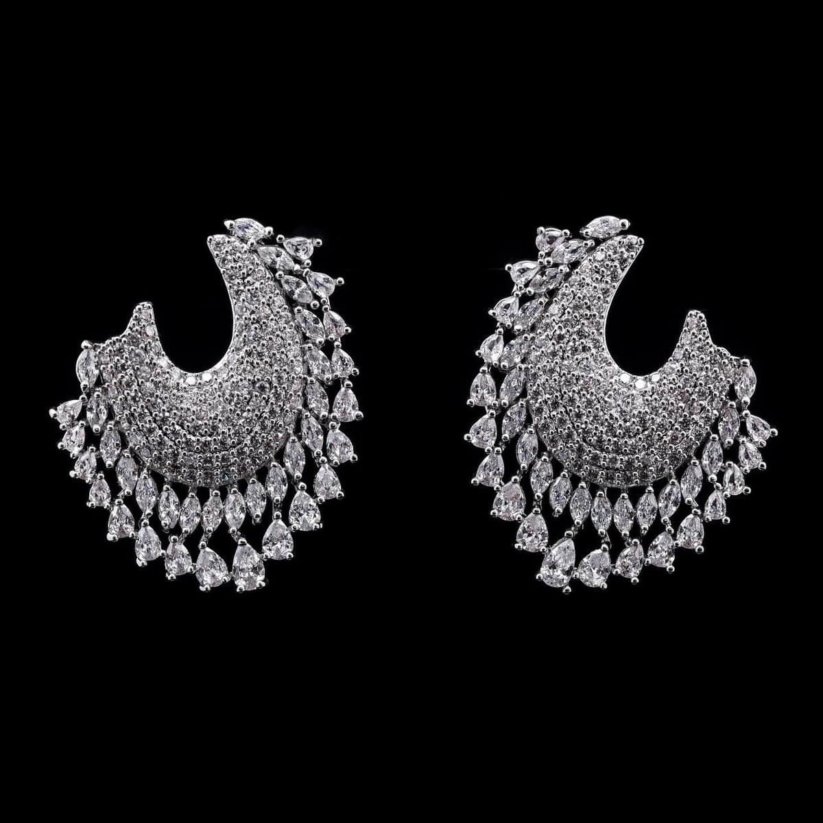 Omnia Hanin Cascade-Design Statement Earrings with High-Quality Zircon Stones in Rhodium-Plated Finish - OMNIASTORES UAE