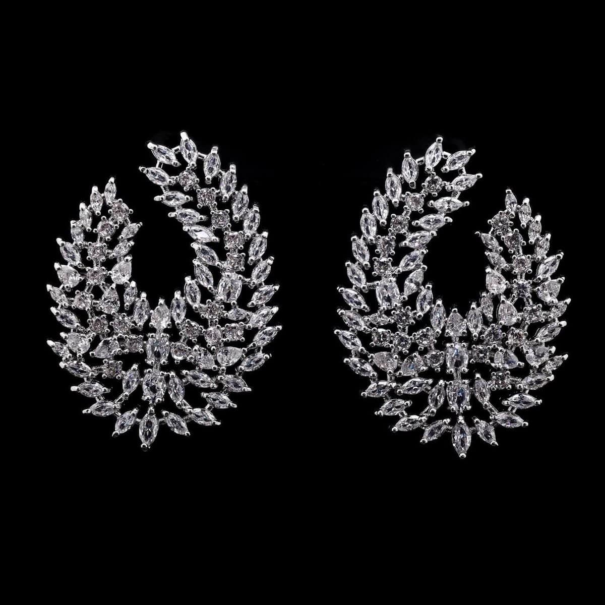 Omnia Layali Feather-Design Statement Earrings with High-Quality Zircon Stones in Rhodium-Plated Finish - OMNIASTORES UAE