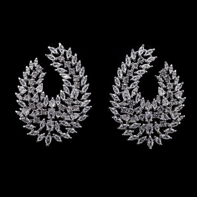 Omnia Layali Feather-Design Statement Earrings with High-Quality Zircon Stones in Rhodium-Plated Finish