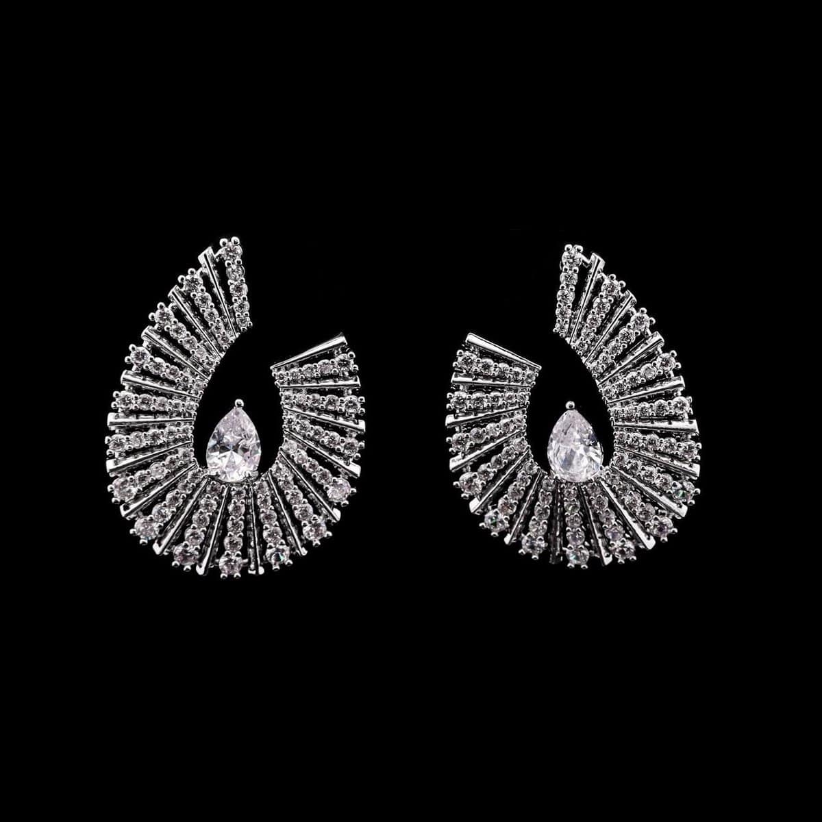 Omnia Nawal Radiant Fan-Shaped Earrings in High-Quality Zircon Stones and Rhodium-Plated Finish - OMNIASTORES UAE