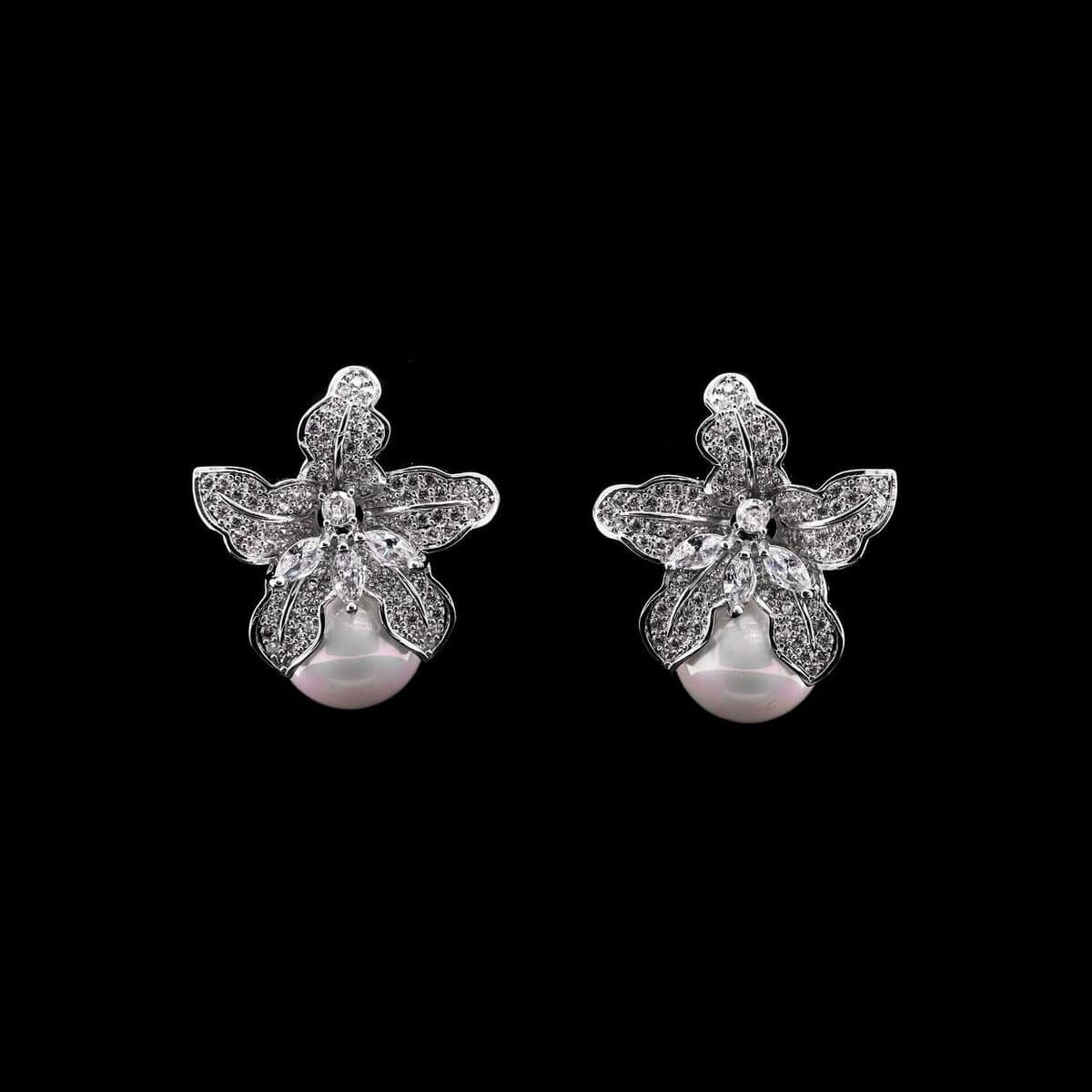 Omnia White Orchid Earrings with High-Quality Zircon Stones and Pearl in Rhodium Plated - OMNIASTORES UAE