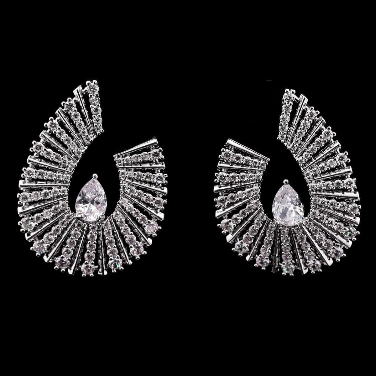 Omnia Nawal Radiant Fan-Shaped Earrings in High-Quality Zircon Stones and Rhodium-Plated Finish - OMNIASTORES UAE