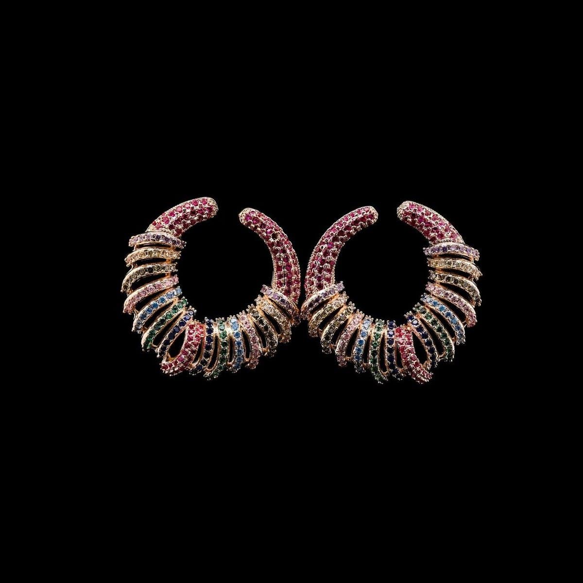 Omnia Narmeen Multicolored Spiral Hoop Earrings with High-Quality Zircon Stones in Rhodium-Plated Finish - OMNIASTORES UAE