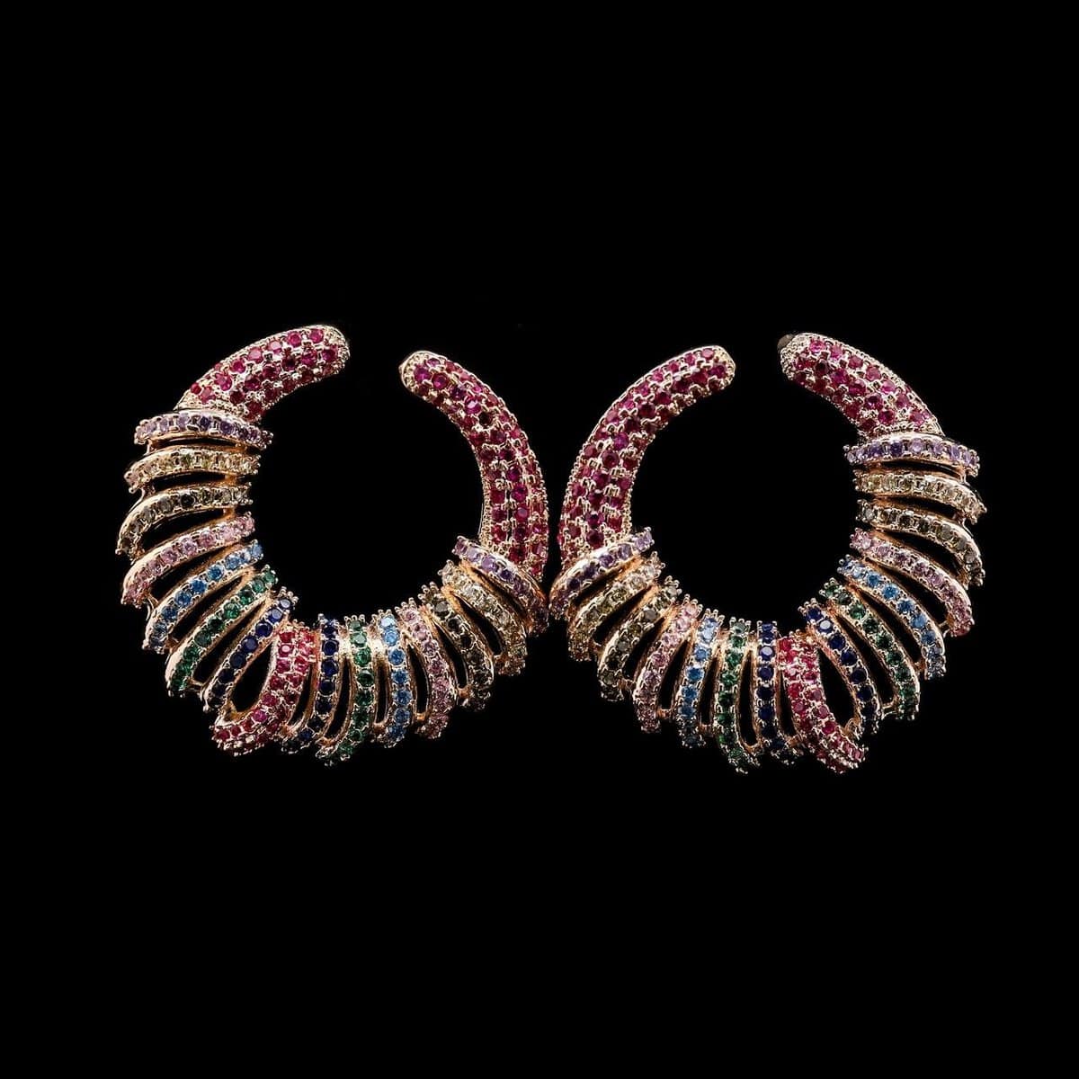 Omnia Narmeen Multicolored Spiral Hoop Earrings with High-Quality Zircon Stones in Rhodium-Plated Finish - OMNIASTORES UAE