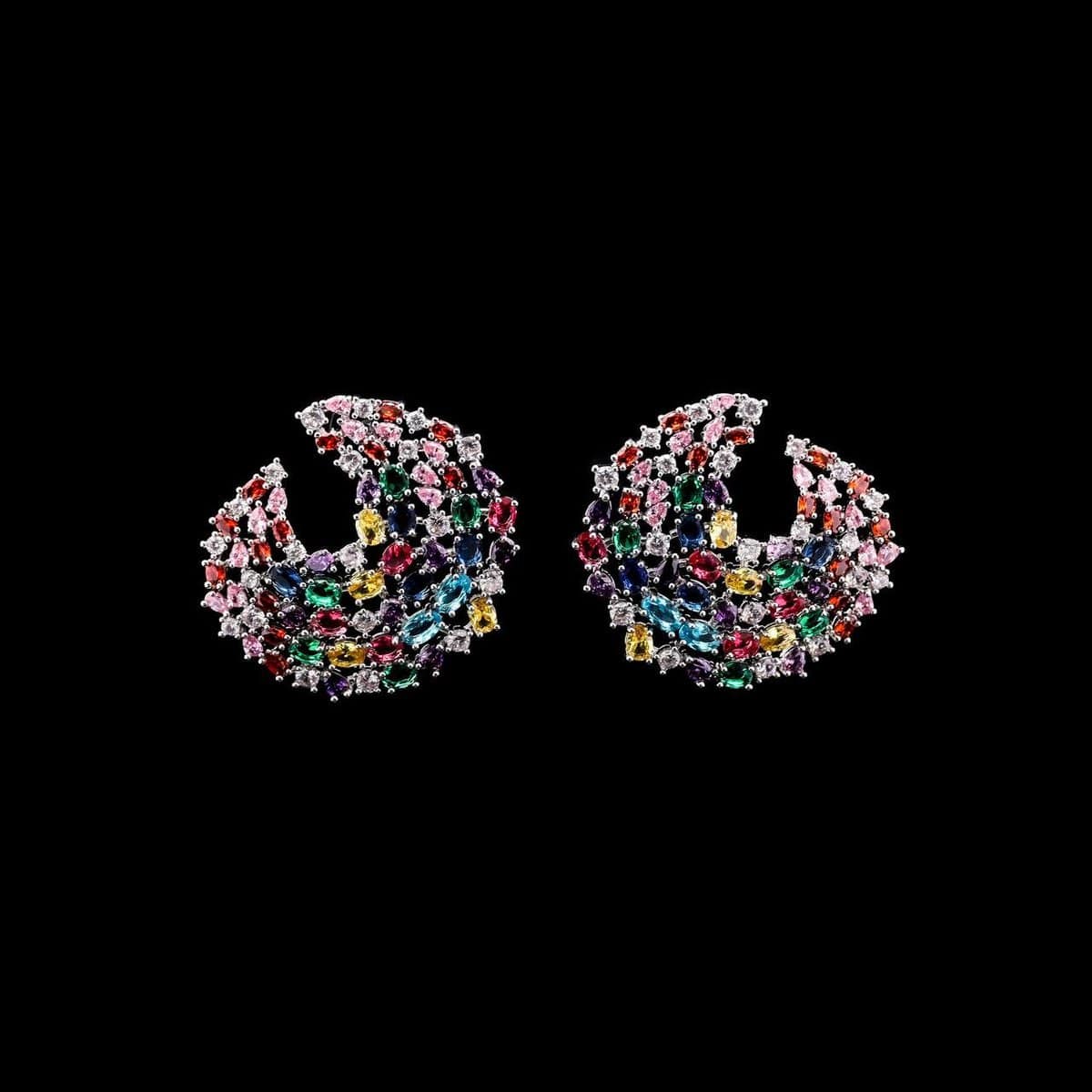 Omnia Mariam Multi-Colored Crescent Hoop Earrings with High-Quality Zircon Stones in Rhodium-Plated Finish - OMNIASTORES UAE