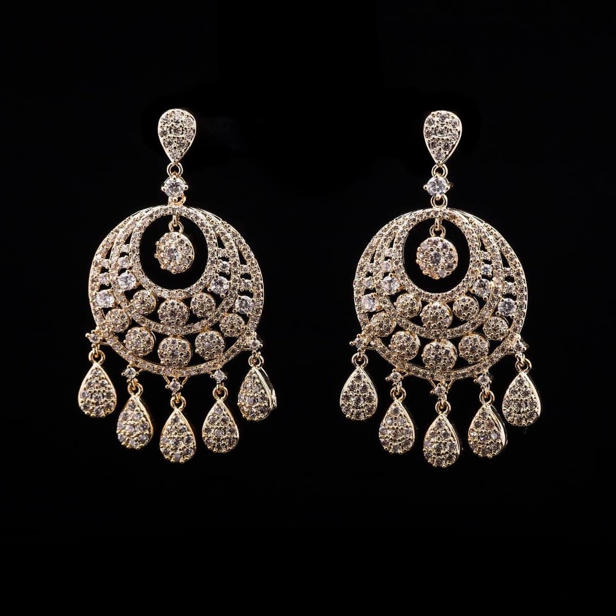 Omnia Crescent Golden Drop Earrings in High-Quality Zircon Stone and Rhodium Plated - OMNIASTORES UAE