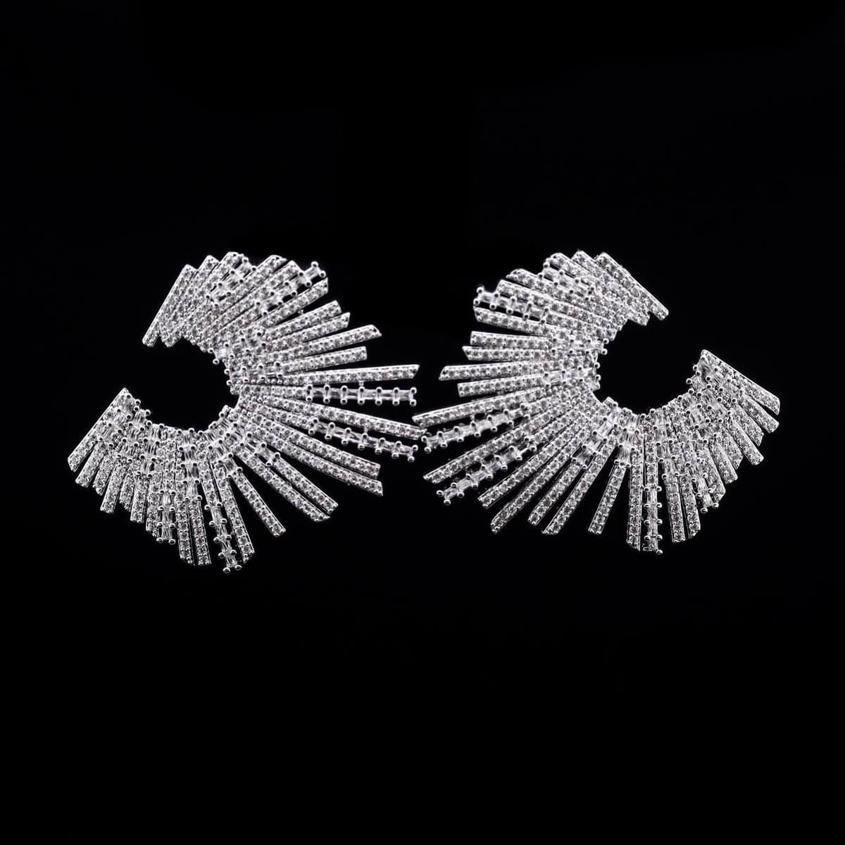 Omnia Lujain Radiant Fan-Design Hoop Earrings with High-Quality Zircon Stones in Rhodium-Plated Finish - OMNIASTORES UAE
