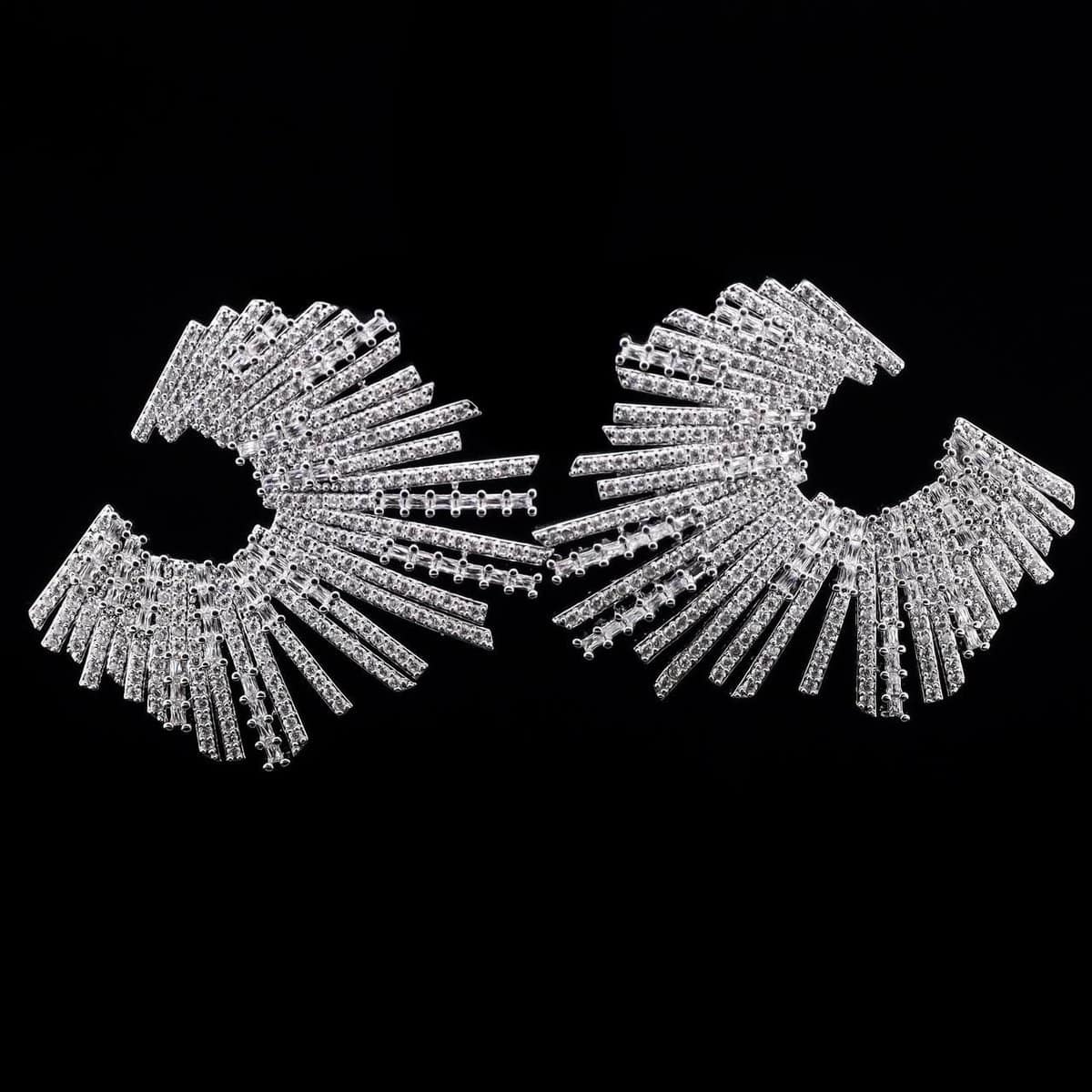 Omnia Lujain Radiant Fan-Design Hoop Earrings with High-Quality Zircon Stones in Rhodium-Plated Finish - OMNIASTORES UAE