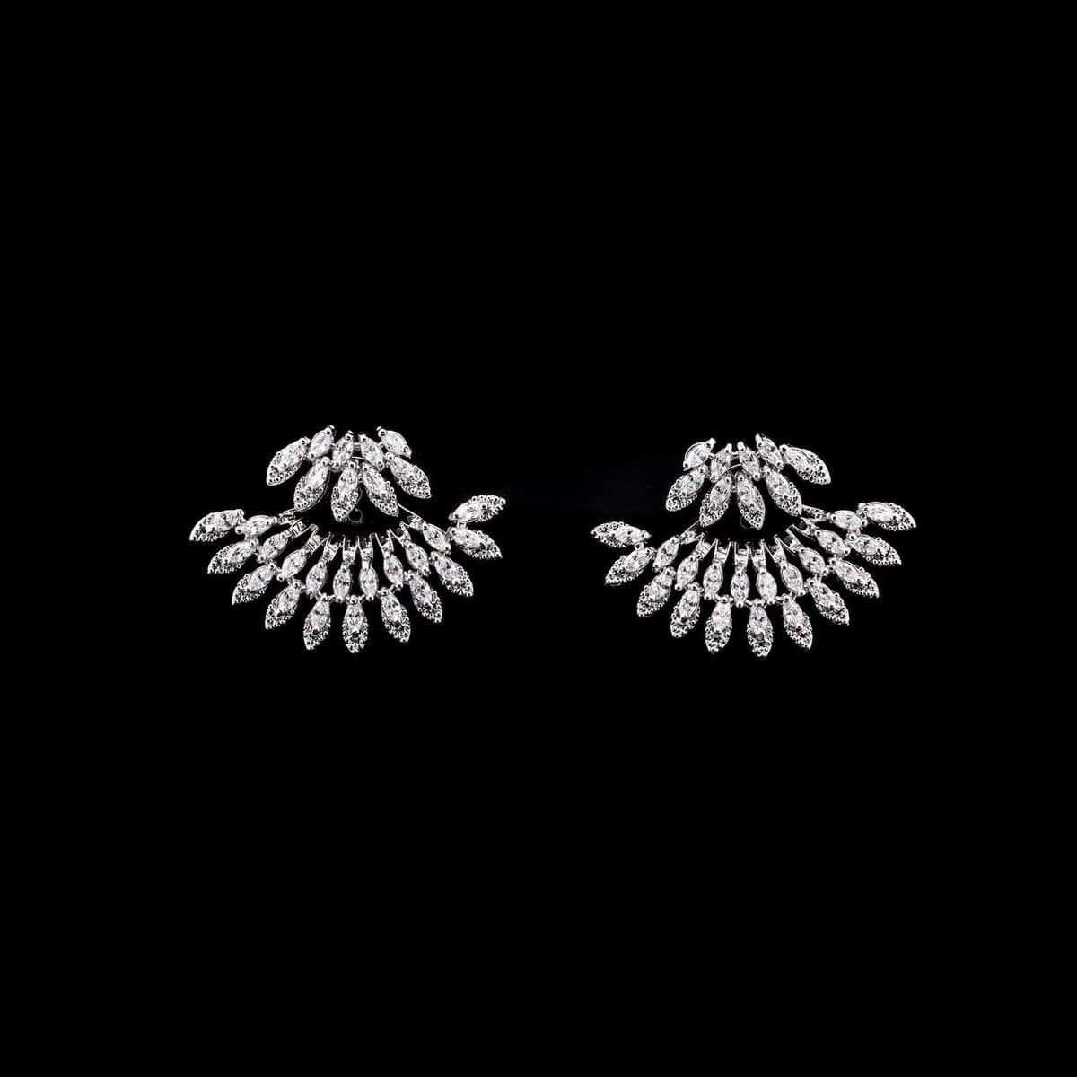 Omnia Yarah White Radiant Fan-Design Earrings with High-Quality Zircon Stones in Rhodium-Plated Finish - OMNIASTORES UAE
