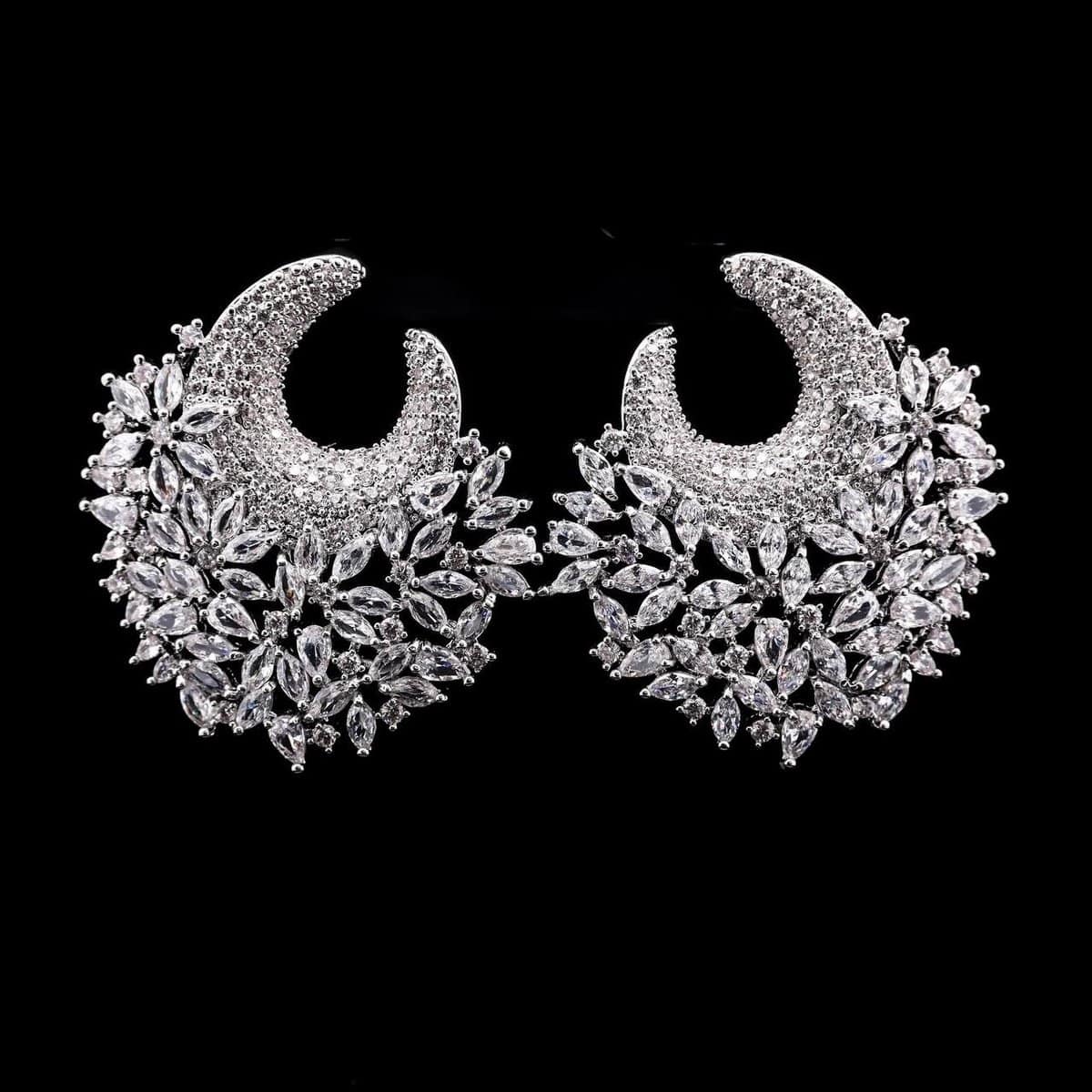 Omnia Layla Pure White Floral Crescent Hoop Earrings with Zircon Accents in High Quality Zircon Stone Rhodium Plated - OMNIASTORES UAE
