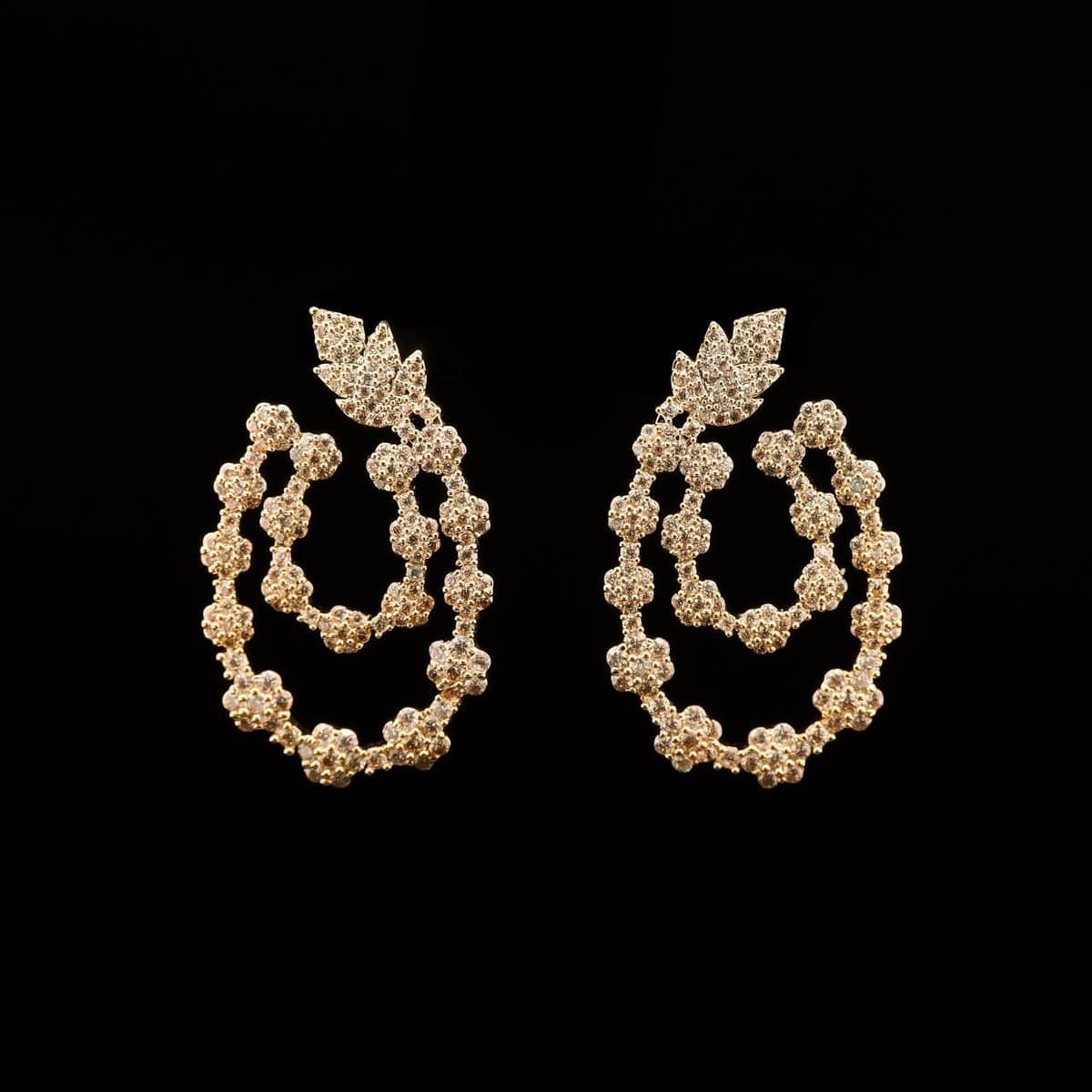 Omnia Najma Golden Floral-Design Long Drop Earrings with High-Quality Zircon Stones in Rhodium-Plated Finish - OMNIASTORES UAE