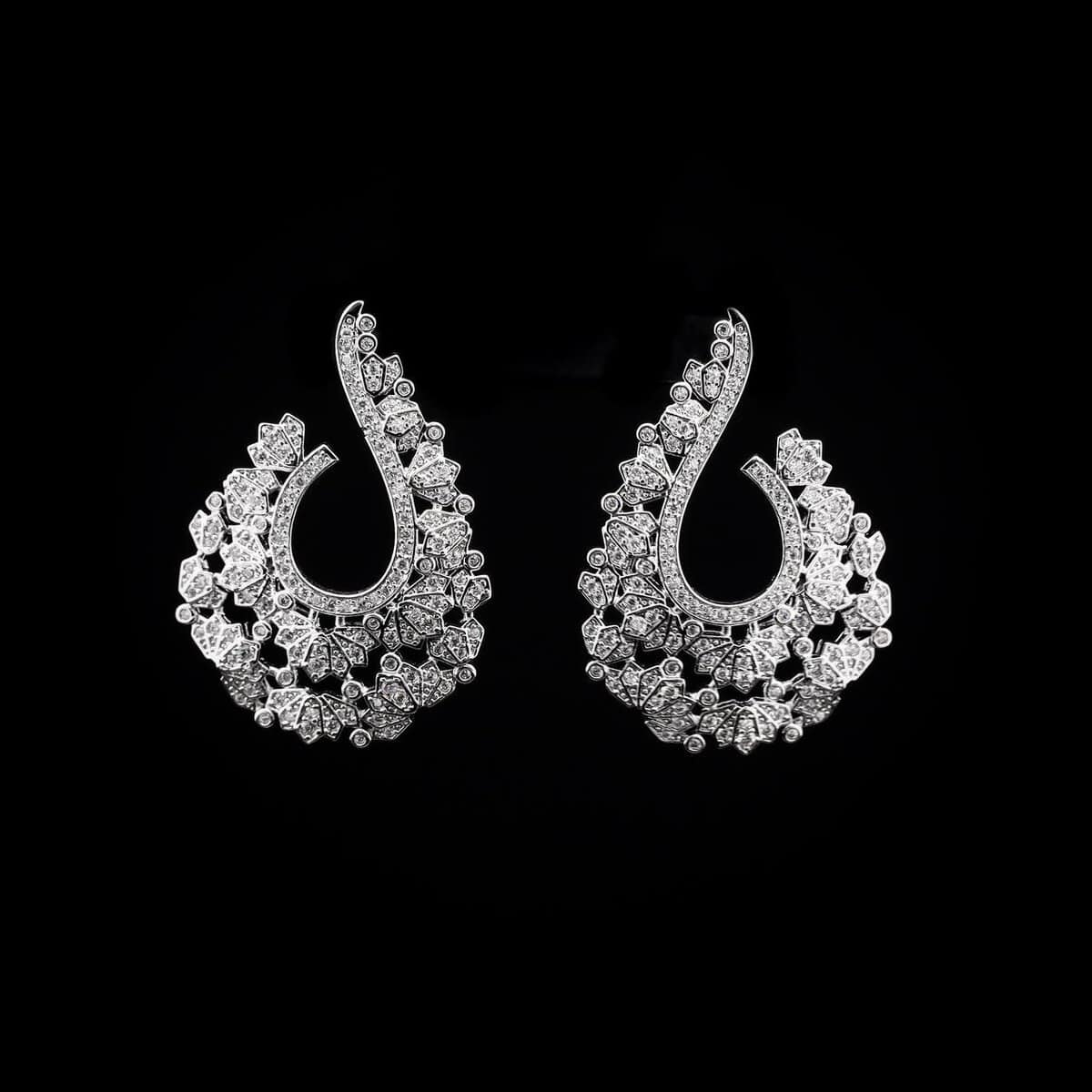 Omnia Suhaila Paisley-Design Drop Earrings with High-Quality Zircon Stones in Rhodium-Plated Finish - OMNIASTORES UAE