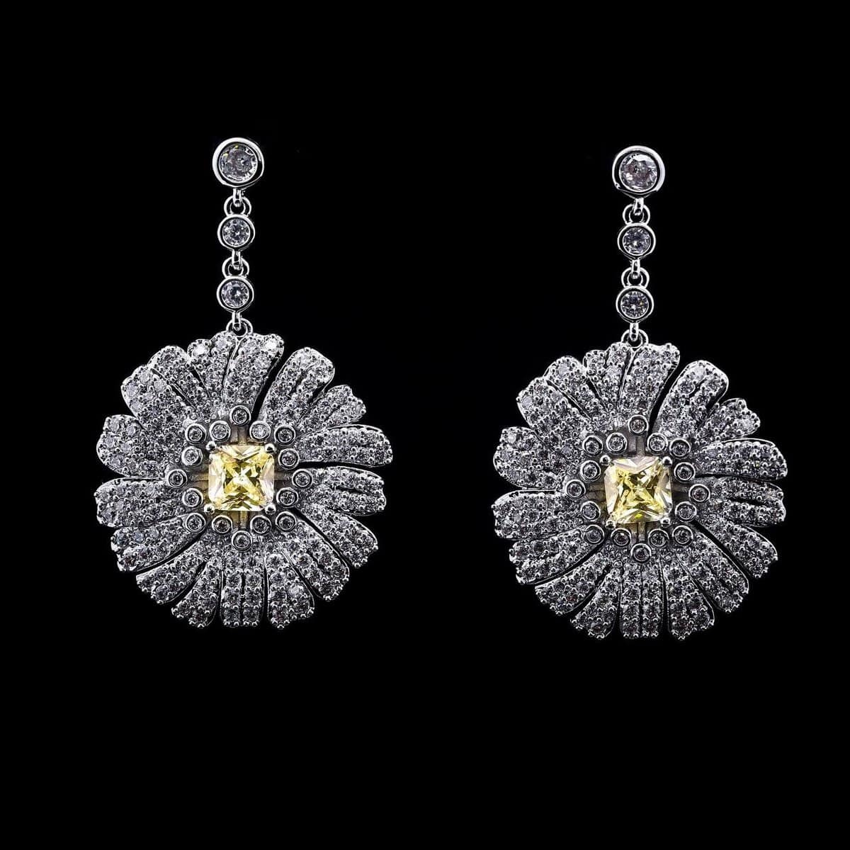 Omnia Shaden Yellow Radiant Floral Drop Earrings with High-Quality Zircon Stones in Rhodium-Plated Finish - OMNIASTORES UAE
