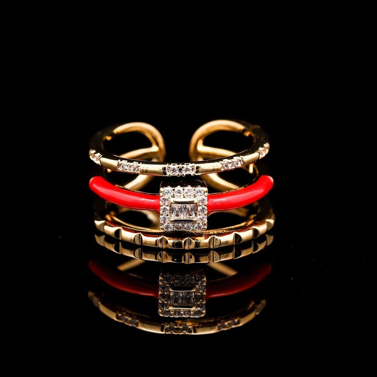 Omnia Shaina Golden Red Ring Accessories in High Quality Zircon Stone Rhodium Plated - OMNIASTORES UAE