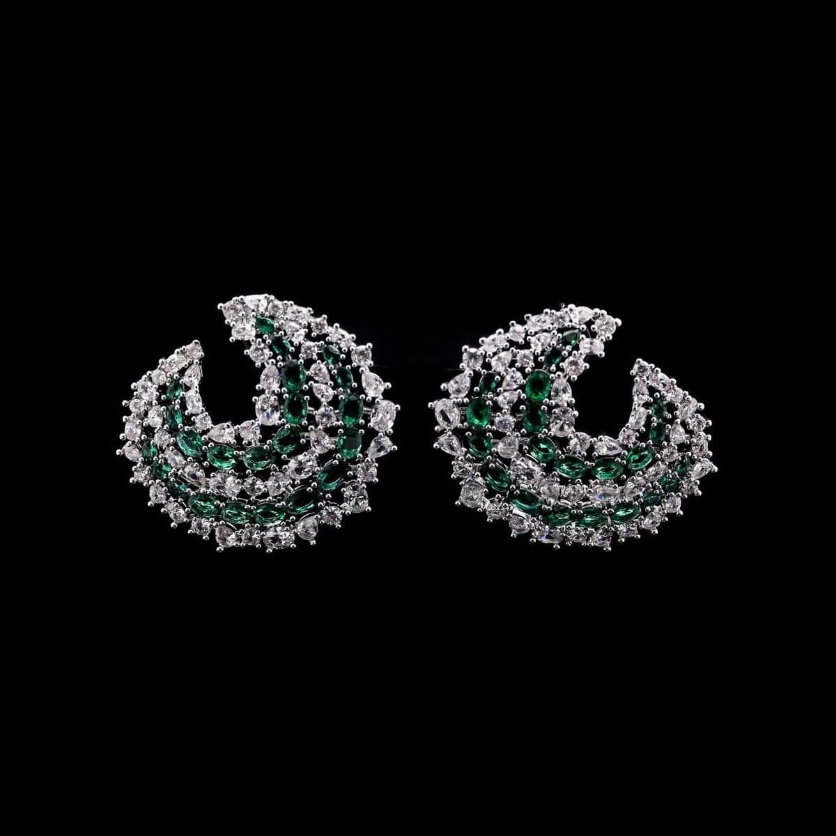 Omnia Salma Crescent Earrings with Green and White Zircon in High Quality Rhodium Plated - OMNIASTORES UAE