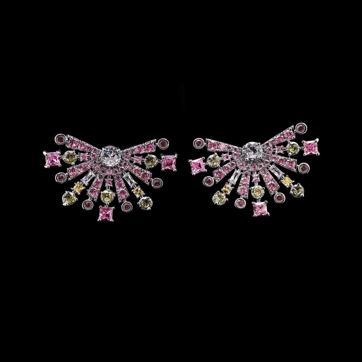 Omnia Zara Radiant Fan Design Earrings with Pink and Yellow Zircon Stones in High-Quality Rhodium Plated - OMNIASTORES UAE