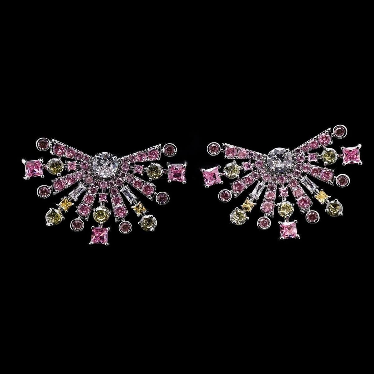 Omnia Zara Radiant Fan Design Earrings with Pink and Yellow Zircon Stones in High-Quality Rhodium Plated - OMNIASTORES UAE
