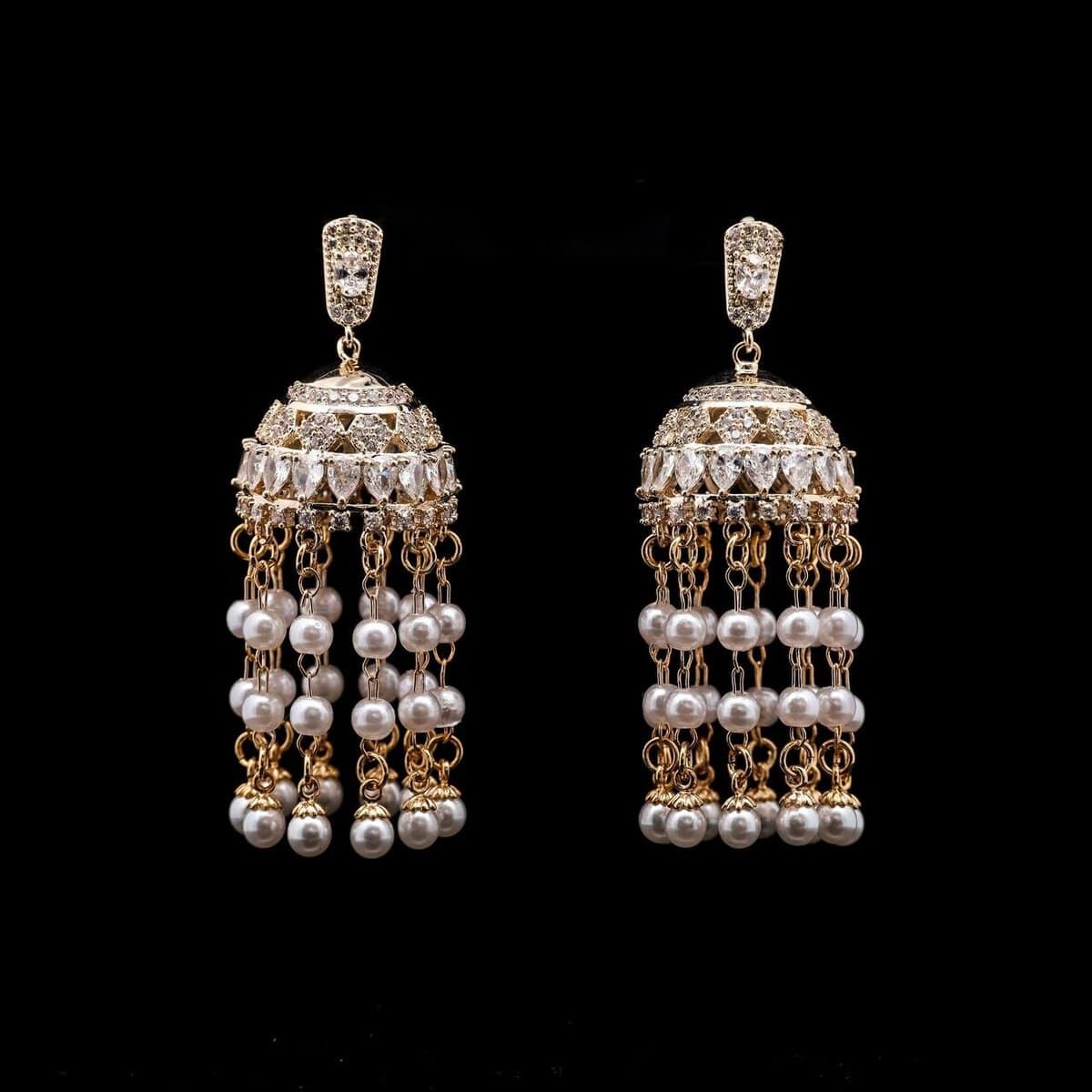 Omnia Jasmine Pearl Chandelier Earrings with High-Quality Zircon Stones in Gold-Plated Finish - OMNIASTORES UAE