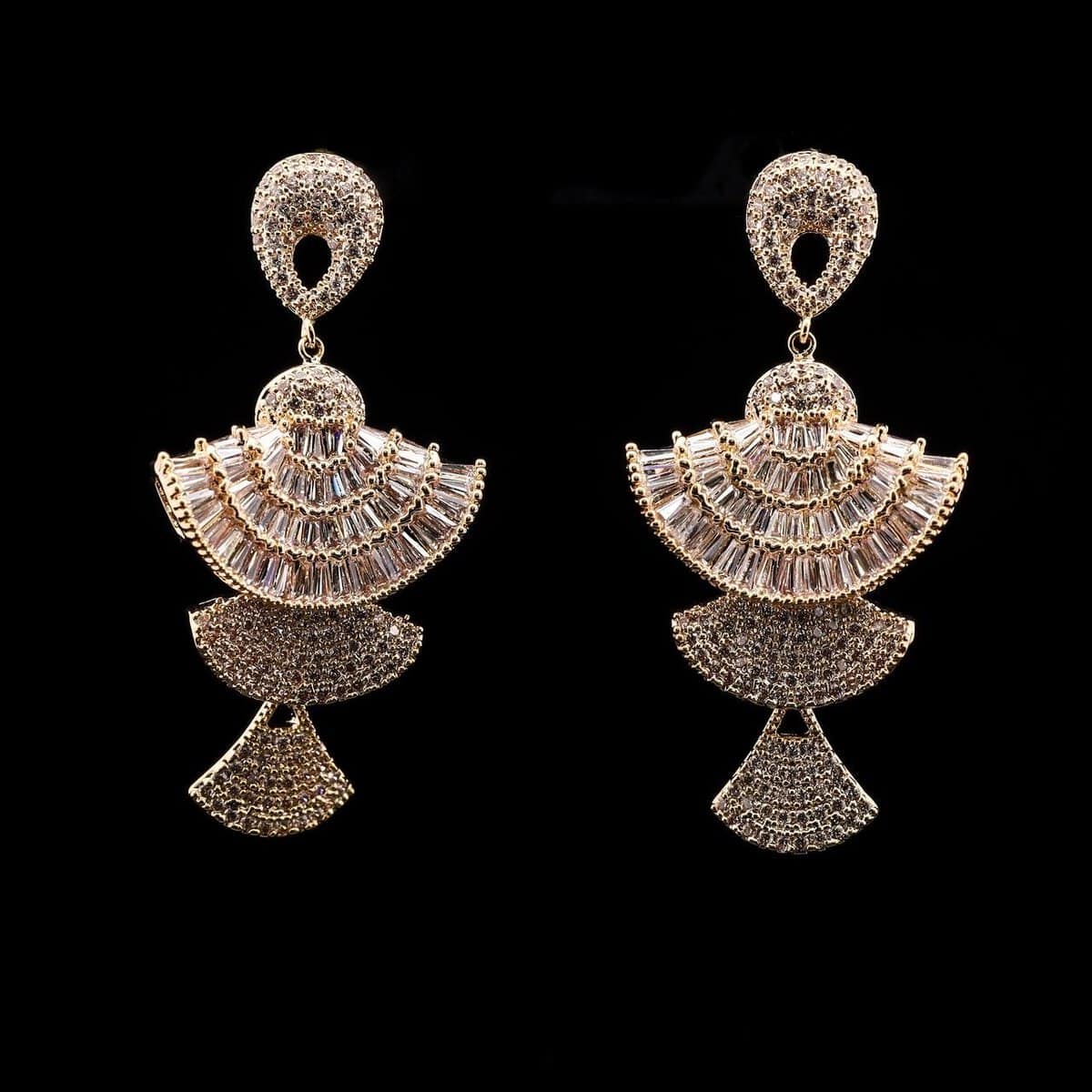 Omnia Golden Fan Design Drop Earrings with High-Quality Zircon Stones in Rhodium Plated - OMNIASTORES UAE
