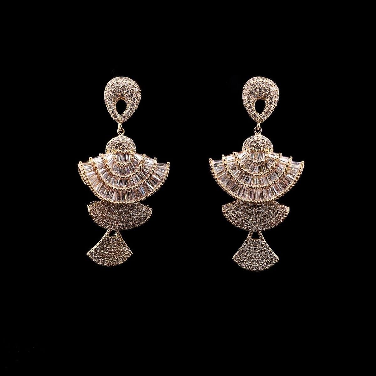 Omnia Golden Fan Design Drop Earrings with High-Quality Zircon Stones in Rhodium Plated - OMNIASTORES UAE
