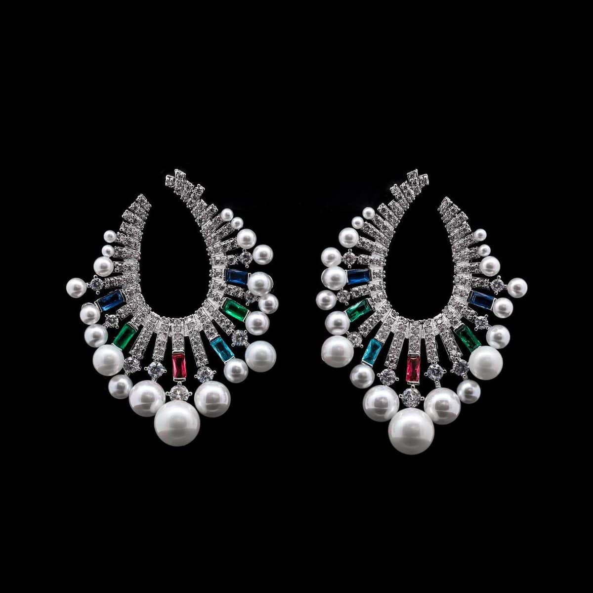 Omnia Statement Hoop Earrings in 92.5 Silver with Multicolored Baguette-Cut Zircon Stones and Lustrous Pearl Accents - OMNIASTORES UAE