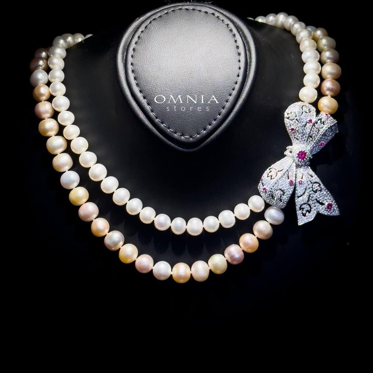 Omnia Arleth Multi-Color Real Pearl Set with Bow Accent and High-Quality Simulated Diamonds, Featuring a Double-Strand Design - OMNIASTORES UAE