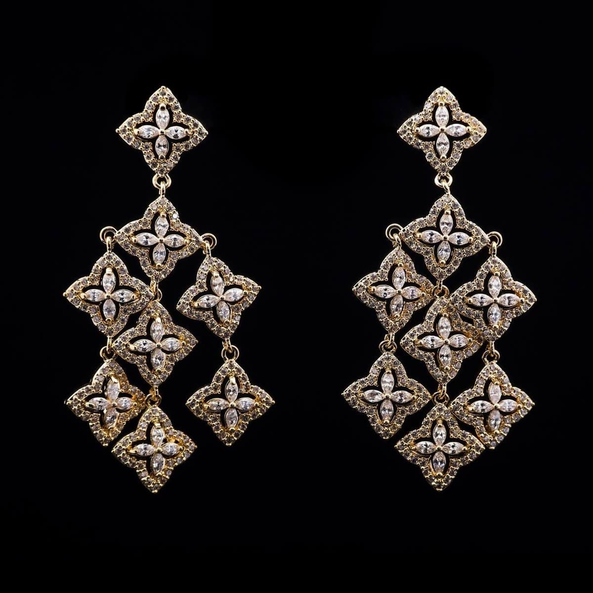Golden Geometric Cascade Earrings with Pave-Set High-Quality Zircon Stones in a Gold-Tone Rhodium Plated Finish - OMNIASTORES UAE