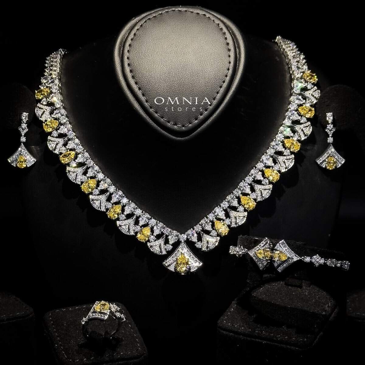 Omnia Elizabeth Yellow & White Bridal Full Set with Pear and Round Cut High-Quality Simulated Diamonds in a Stunning Two-Tone Rhodium Plated Finish - OMNIASTORES UAE
