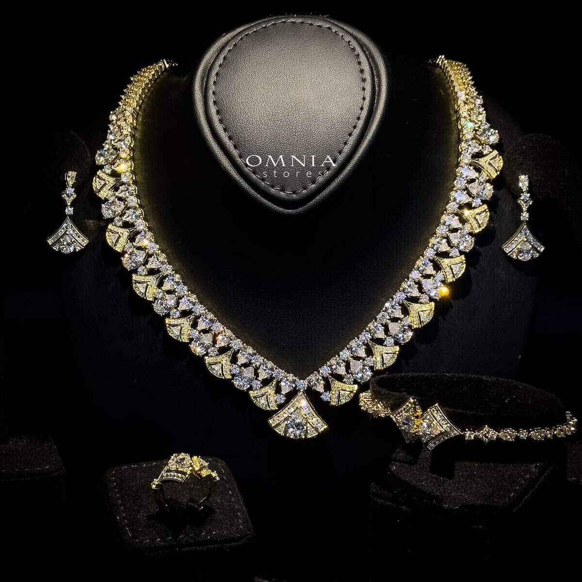 Omnia Elizabeth Golden Bridal Full Set with Pear and Round Cut High-Quality Simulated Diamonds in an Elegant Gold-Tone Rhodium Plated Finish - OMNIASTORES UAE